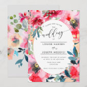 Waterverf Bloemen Zomer Rozen, Rode Ombre Bruiloft Kaart (Voorkant / Achterkant)