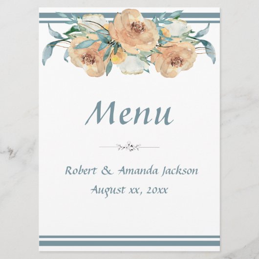 Waterverf Bloemen Zomerbruiloft Blauw Groen Menu (Voorkant)