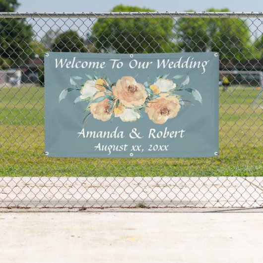 Waterverf Bloemen Zomerbruiloft Blauw Groen Spandoek (Insitu)