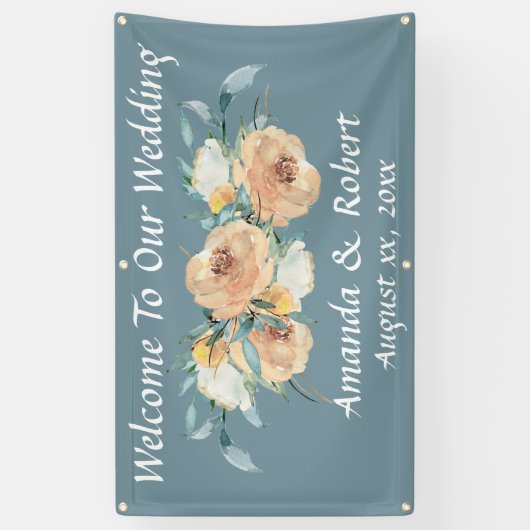 Waterverf Bloemen Zomerbruiloft Blauw Groen Spandoek (Verticaal)