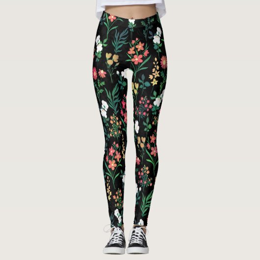  Waterverf Bloemen Zwart Botanisch Leggings (Voorkant)