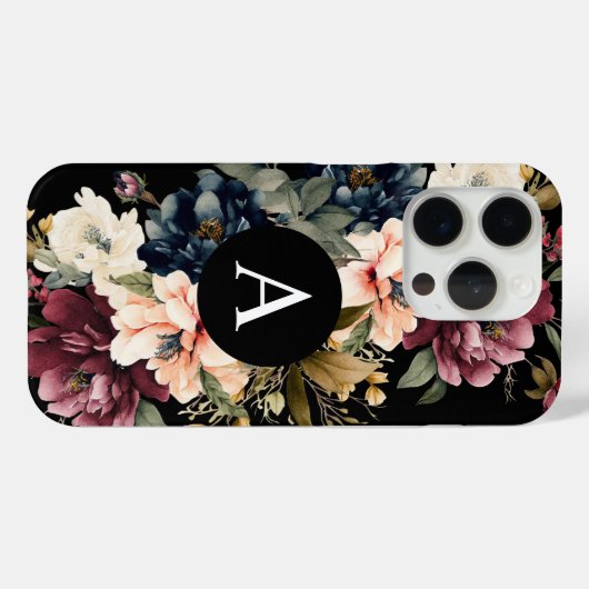 Waterverf Bloemen Zwart Monogram Gepersonaliseerd Case-Mate iPhone Case (Achterkant (horizontaal))