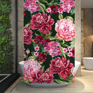 Waterverf Bloemen Zwart Rood Douchegordijn