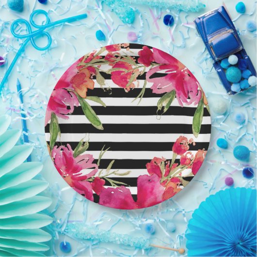 Waterverf Bloemen zwarte strepen Papieren Bordje (Feest)