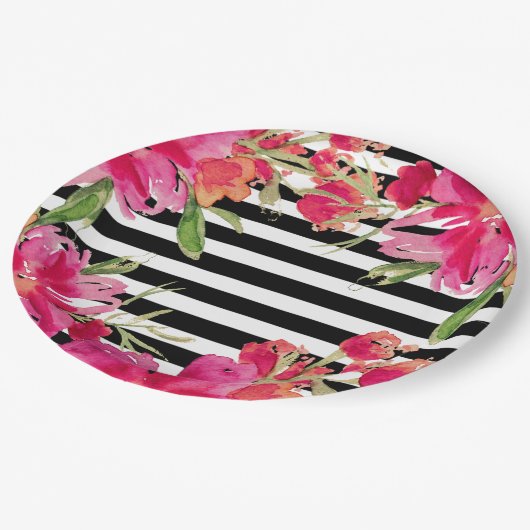 Waterverf Bloemen zwarte strepen Papieren Bordje (Gekanteld)