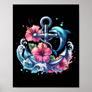 Waterverf Bloemenanker Dolfijn Nautisch Zee Anim Poster