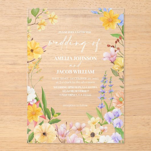 Waterverf bloemenboter geel botanische bruiloft acryl uitnodigingen (Voorkant)