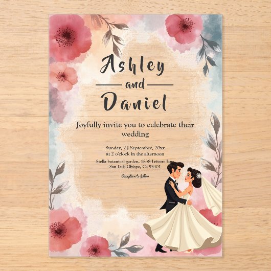 Waterverf Bloemenbruid en bruidegom Elegante bruil Acryl Uitnodigingen (Voorkant)