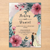 Waterverf Bloemenbruid en bruidegom Elegante bruil Acryl Uitnodigingen (Voorkant)