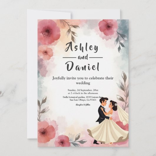 Waterverf Bloemenbruid en bruidegom Elegante bruil Kaart (Voorkant)