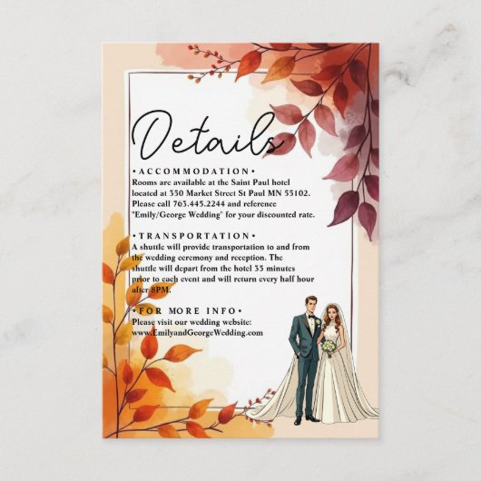 Waterverf Bloemenbruid en bruidegom herfstbruiloft Informatiekaartje (Voorkant)