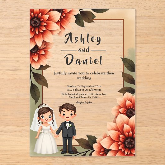 Waterverf Bloemenbruid en bruidegom Romantische br Acryl Uitnodigingen (Voorkant)
