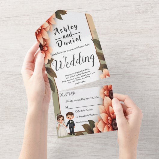 Waterverf Bloemenbruid en bruidegom Romantische br All In One Uitnodiging (Afscheurbaar)