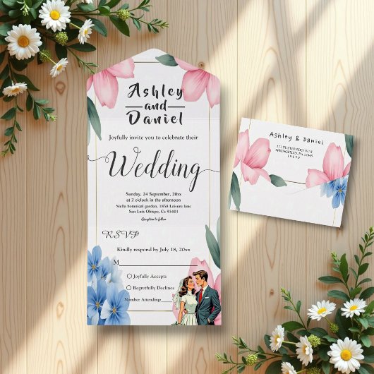 Waterverf Bloemenbruid en bruidegom Zomerbruiloft All In One Uitnodiging
