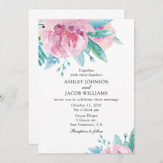 Waterverf bloemenbruiloft uitnodiging. Roze bloeme Kaart (Voorkant / Achterkant)