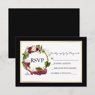 Waterverf Bloemendruiven Krans Bruiloft Zwart Goud RSVP Kaartje