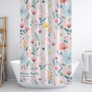 Waterverf bloemenfamilienaam gepersonaliseerd roze douchegordijn
