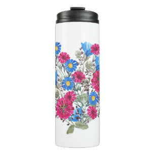 Waterverf bloemenhart, heldere wilde bloemen arran thermosbeker