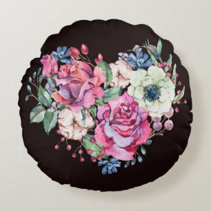 Waterverf bloemenhart:  rozen. rond kussen