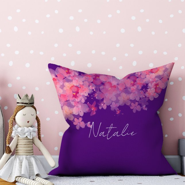 Waterverf bloemenkoraal paarse naam kussen (Creator heeft geüpload)