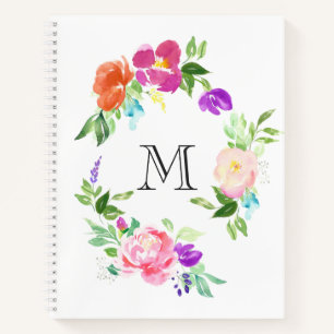 Waterverf bloemenkrans gepersonaliseerd monogram notitieboek