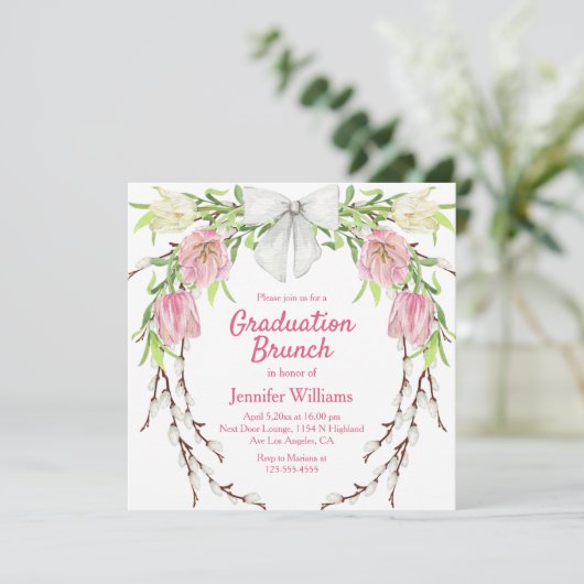 waterverf bloemenkrans roze afstuderen brunch kaart (Staand voorkant)