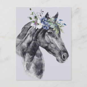 Waterverf Bloemenkrans Zwarte Paard Portret Briefkaart