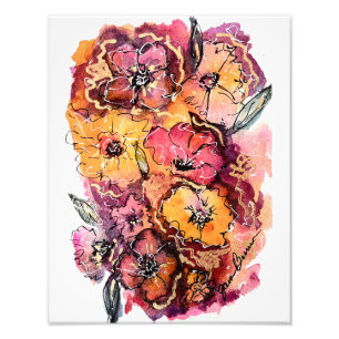 Waterverf Bloemenkunstwerk Roze, Sinaasappel en Ma Foto Afdruk