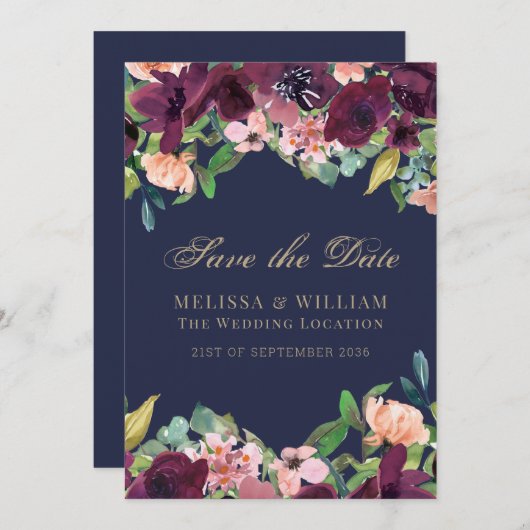 Waterverf Bloemenmarine bruiloft Save The Date (Voorkant / Achterkant)