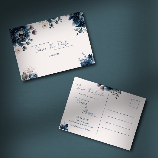 Waterverf bloemenmarineblauw Save The Date Briefka Briefkaart