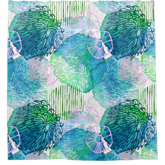 Waterverf bloemenmodern abstract blauw roze douchegordijn (Voorkant)