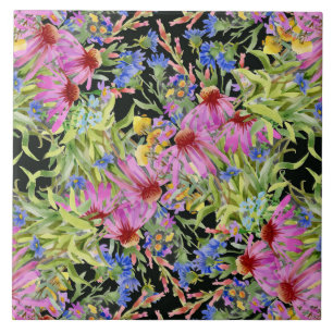 Waterverf bloemenmotief geel groen roze tegeltje