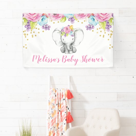 Waterverf Bloemenolifant Baby shower Spandoek (Insitu)