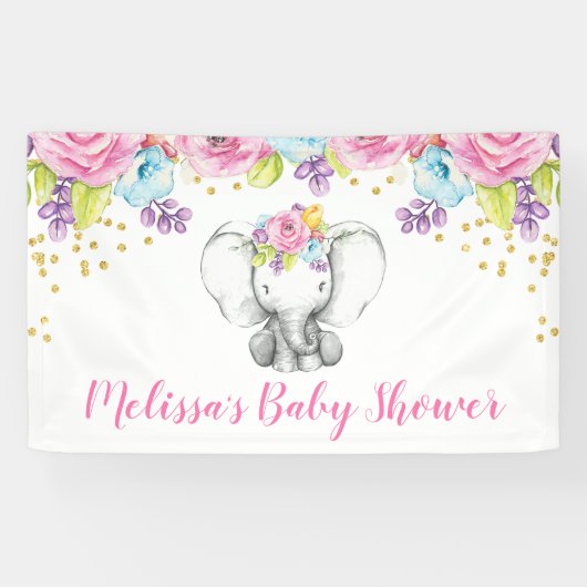Waterverf Bloemenolifant Baby shower Spandoek (Horizontaal)