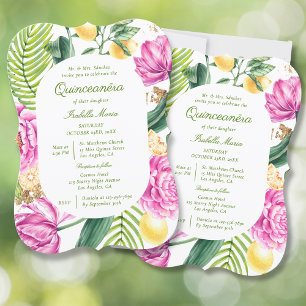 Waterverf Bloemenpioenen QR Code Quinceañera Kaart