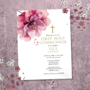 Waterverf Bloemenroze Eerste Heilige Communie Uitn Briefkaart