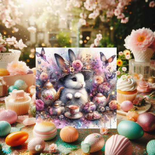 Waterverf Bloemenroze Paarse konijntje paasthee Feestdagenkaart