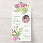 Waterverf Bloemenroze pioenen Foto Quinceañera All In One Uitnodiging (Binnenkant)