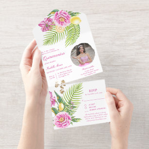 Waterverf Bloemenroze pioenen Foto Quinceañera All In One Uitnodiging