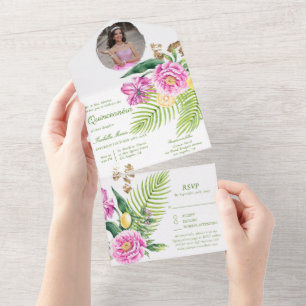 Waterverf Bloemenroze pioenen Foto Quinceañera All In One Uitnodiging