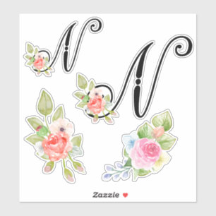 Waterverf bloemenschrift Monogram letter N Sticker