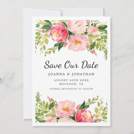Waterverf bloemenscript bruiloft save the date (Voorkant)
