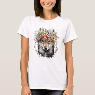 Waterverf Bloemenwolf T-shirt
