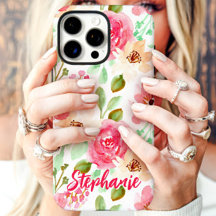 Waterverf Bloemig Roze Perzik Aangepaste Naam iPhone 16 Pro Hoesje