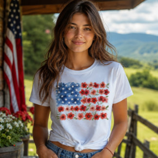 Waterverf Bloemige Amerikaanse Vlag Patriottische  T-shirt