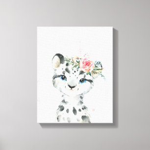 Waterverf Bloemige Baby Sneeuwluipaard Canvas Afdruk
