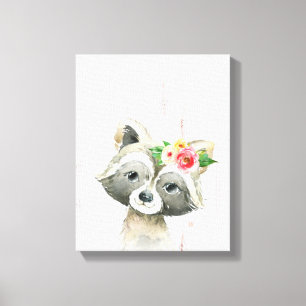 Waterverf Bloemige Baby Wasbeer Bosdieren Canvas Afdruk