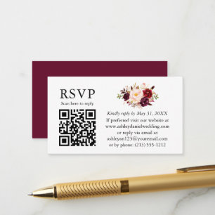 Waterverf Bloemige Bruiloft QR RSVP Burgundy Informatiekaartje