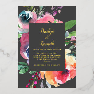 Waterverf Bloemige Elegante Script Lux Trouw Goud Folie Uitnodiging