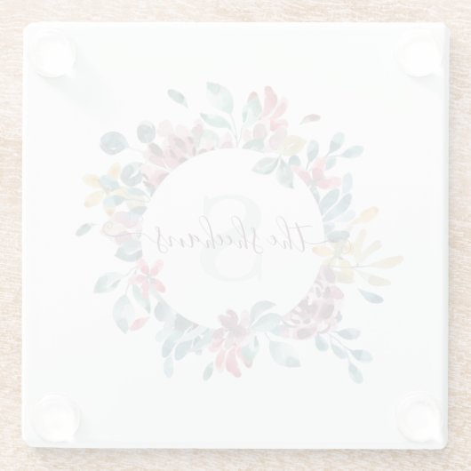 Waterverf bloemige glazen onderzetter met monogram (Achterkant)